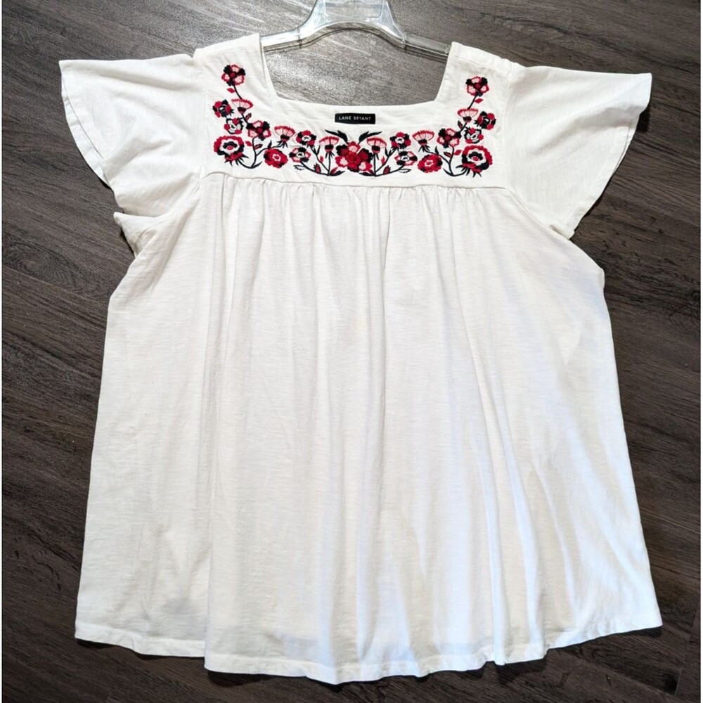 Lane Bryant Flutter Sleeve Floral Embroidered Blouse Sz 26 / 28 Square Neck Top